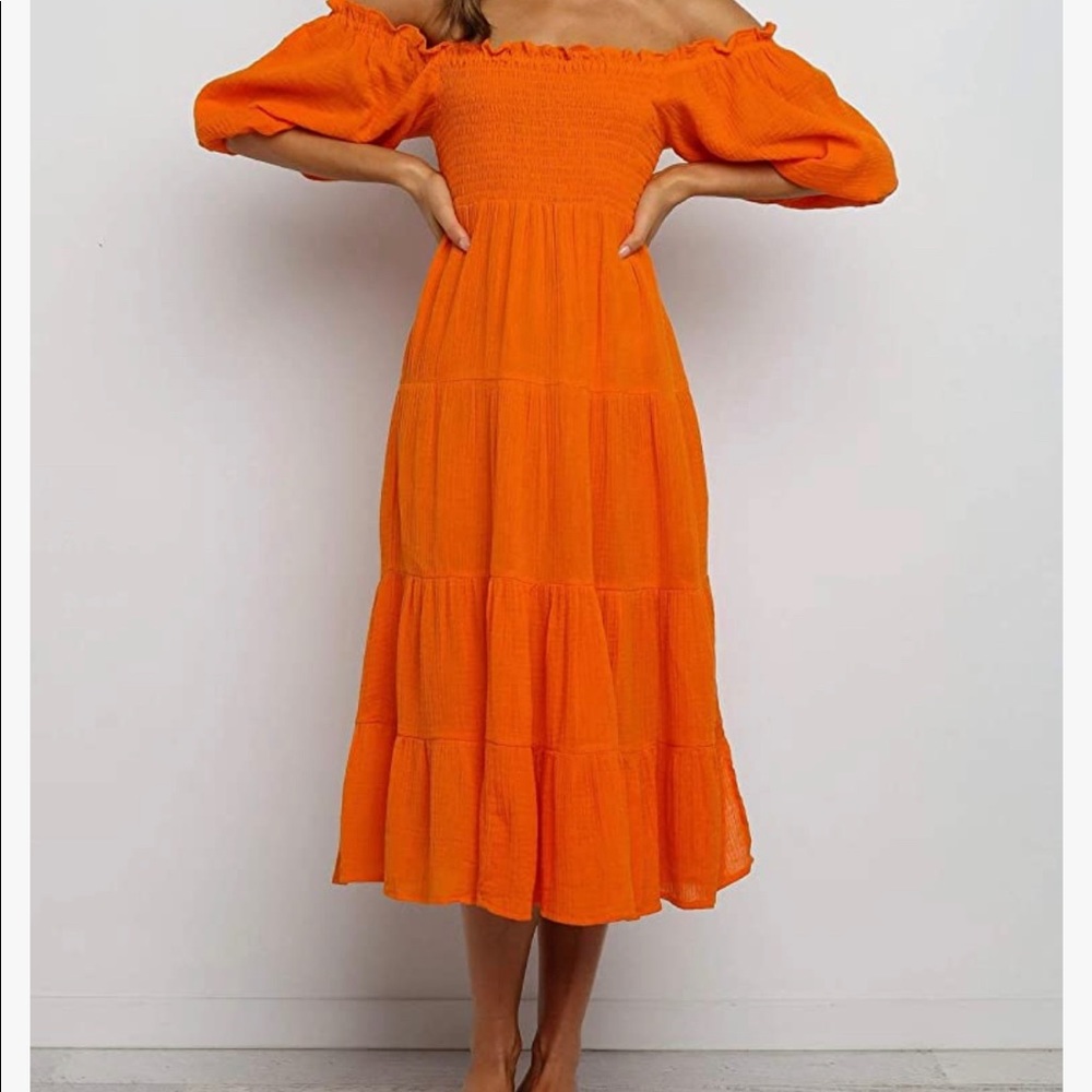 Orange Cotten Blend Off Shoulder Dress